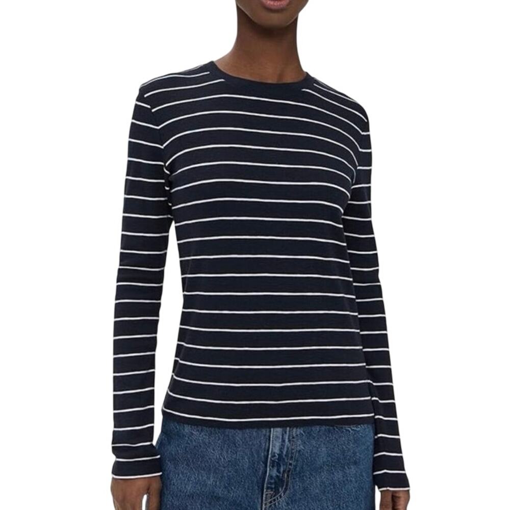 Vince Women's Wool Cotton Blend Long Sleeve‎ Crew Tee Black Purple Pinstriped SM